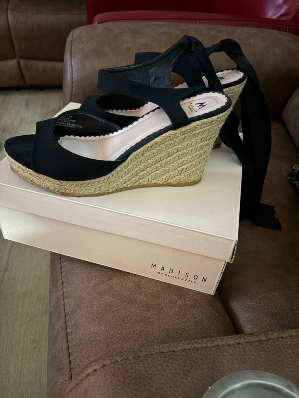 Shoe Dazzle Black Espadrille Wedge Sandals with Wrap Ties